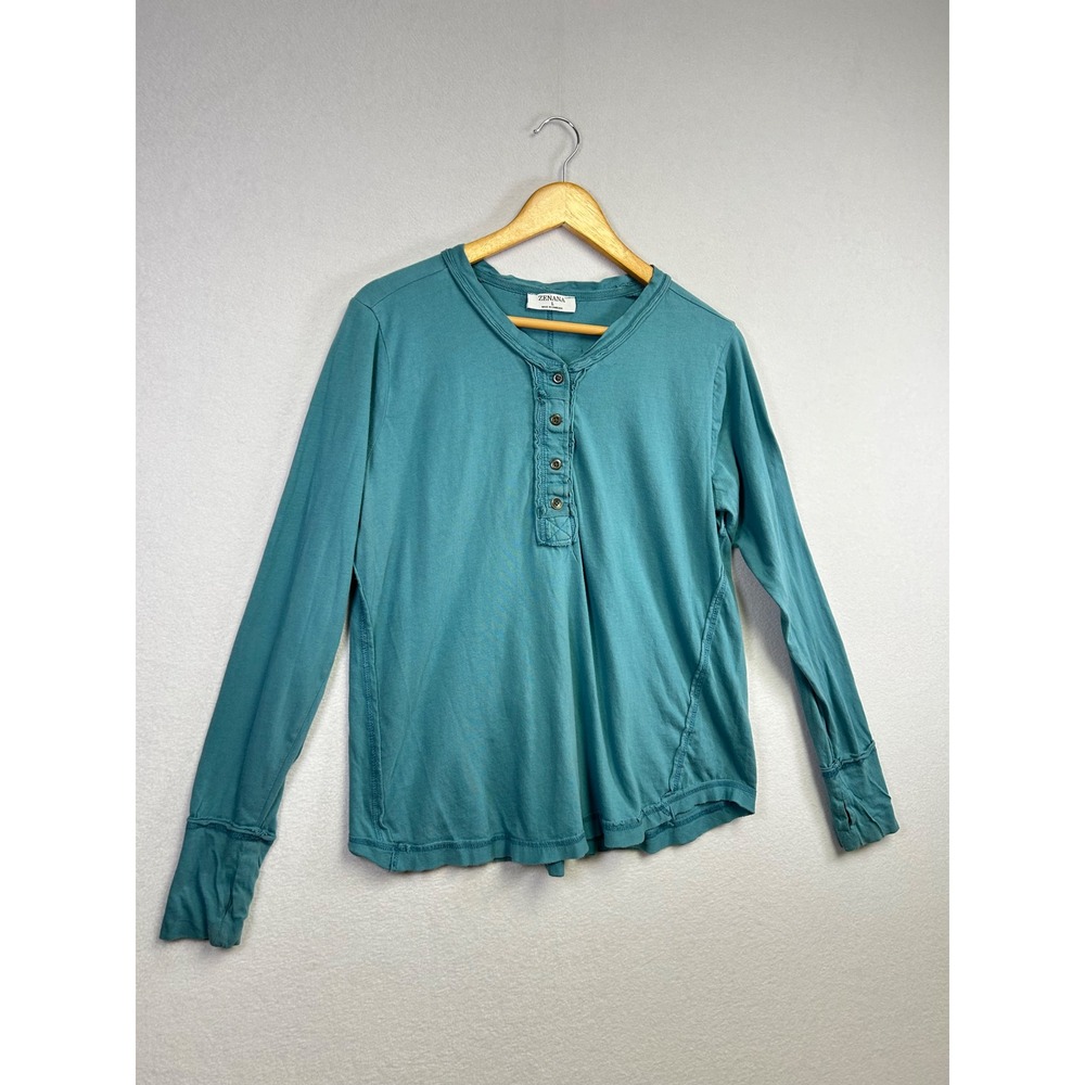 ZENANA Teal Long Sleeve Henley Button Up Casual Tunic Top Size L - Picture 4 of 9